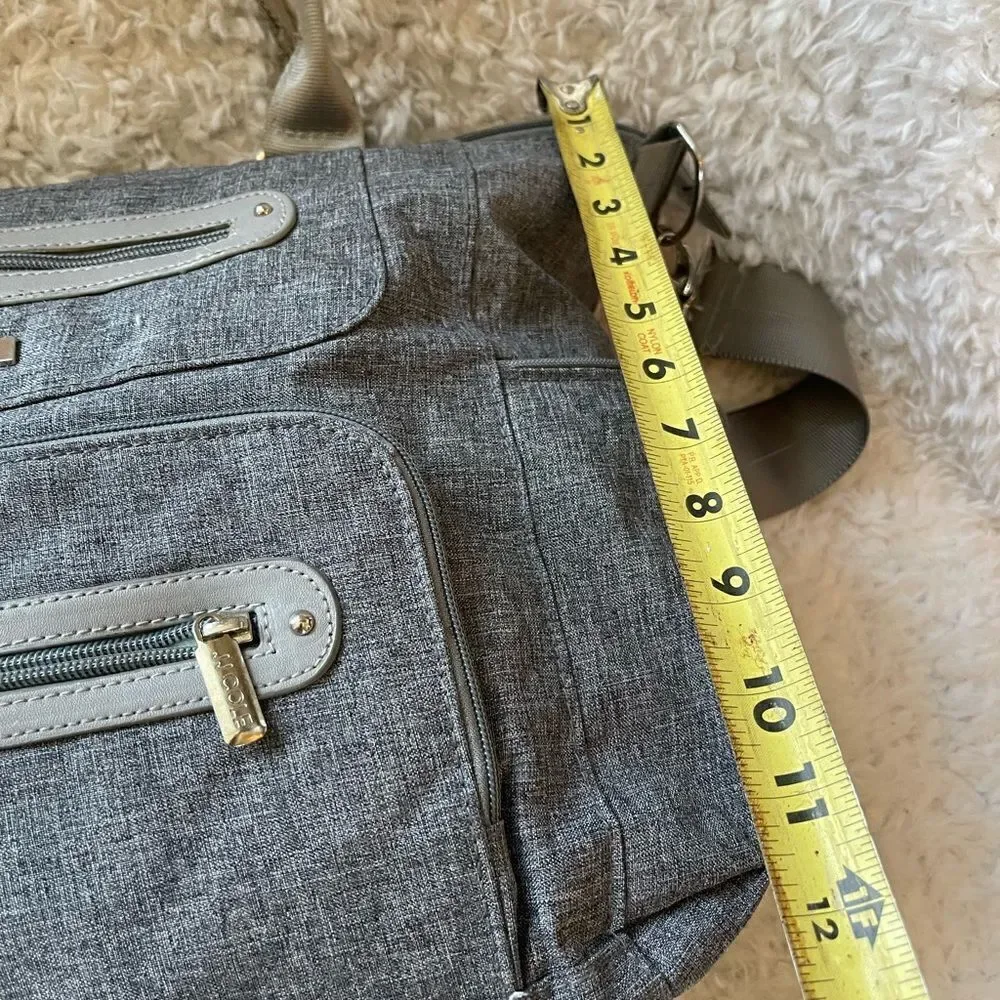 JJ Cole light gray fabric Caprice diaper bag aqua blue lining .
